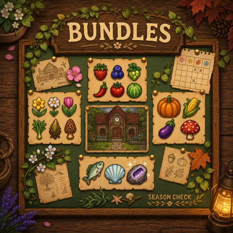 Seasonal bundle reference board with spring flowers, summer crops, fall produce, fish, a shell, and a geode