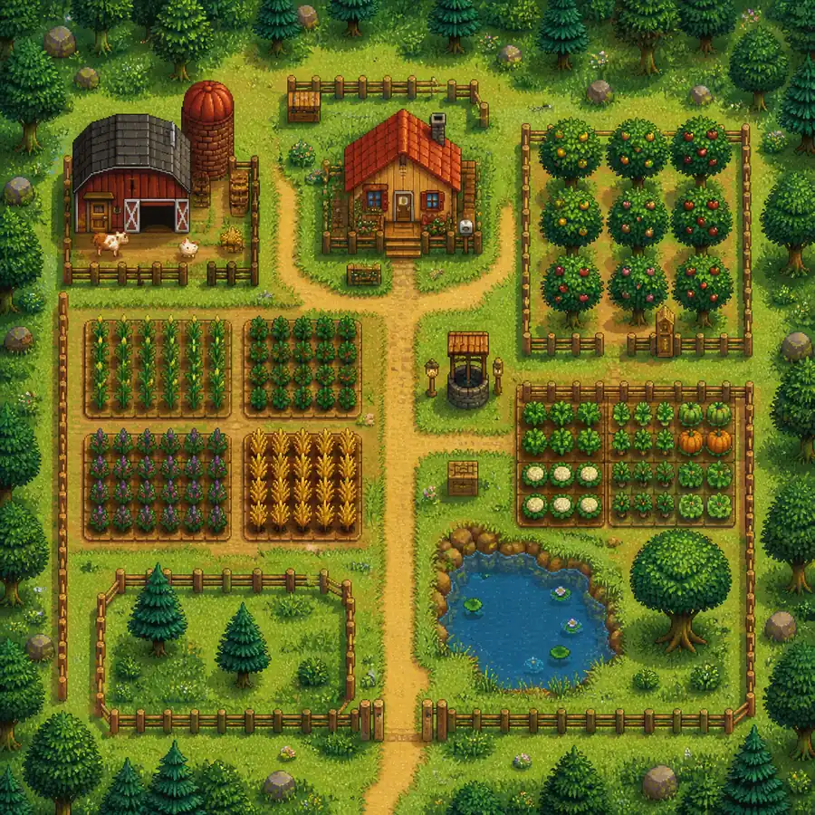 Illustrative overhead Stardew Valley farm layout with crop fields, a barn, orchard trees, paths, a pond, and open buffer space