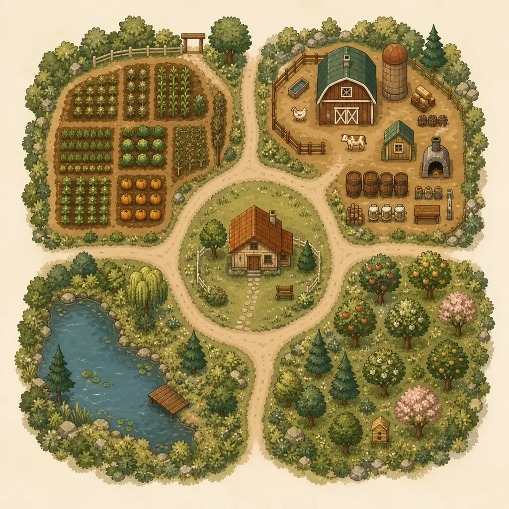 Editorial farm layout diagram showing crop, animal and production, farmhouse, and flexible buffer zones connected by paths