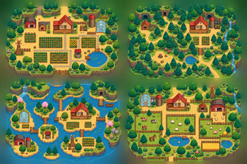 Illustrative comparison of roomy, forested, river-cut, and animal-focused Stardew Valley farm map constraints