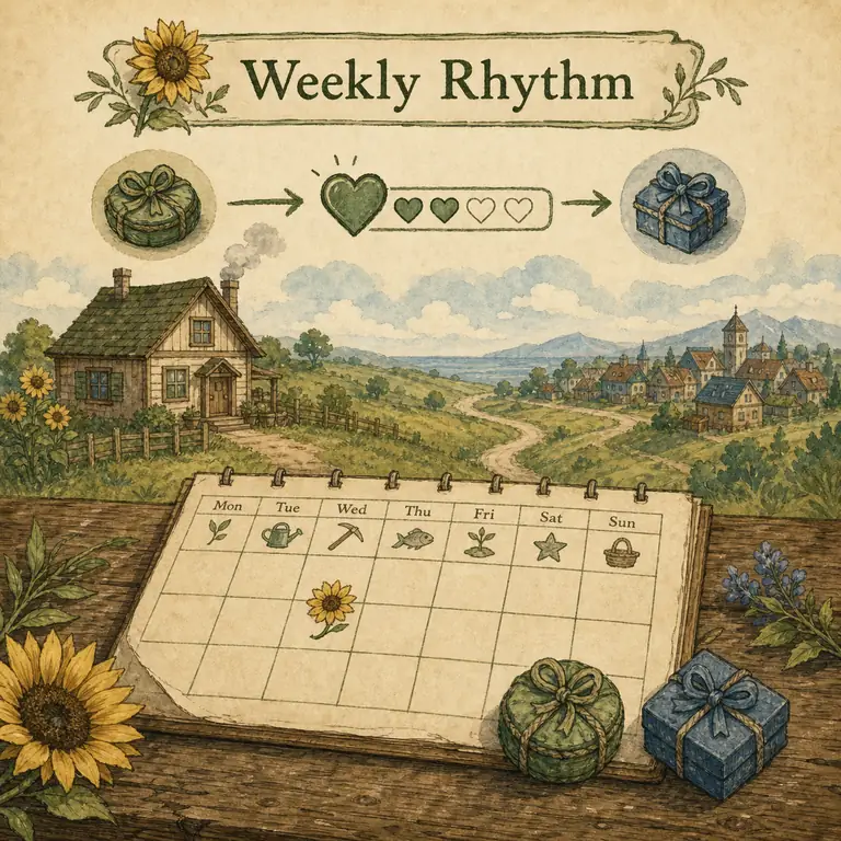 Editorial weekly rhythm illustration showing two wrapped gifts, a heart meter, a farm route, and a birthday flower