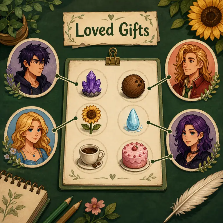 Editorial loved-gifts map connecting four villager portraits with amethyst, coconut, sunflower, frozen tear, coffee, and pink cake