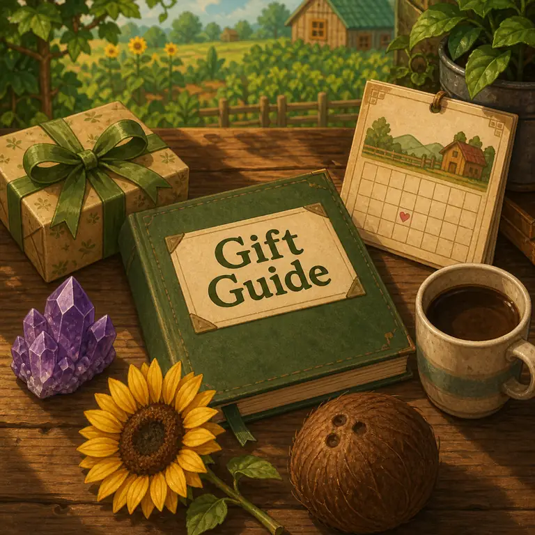 Editorial Stardew Valley gift guide illustration with a wrapped present, amethyst, sunflower, coconut, coffee, and a farm calendar